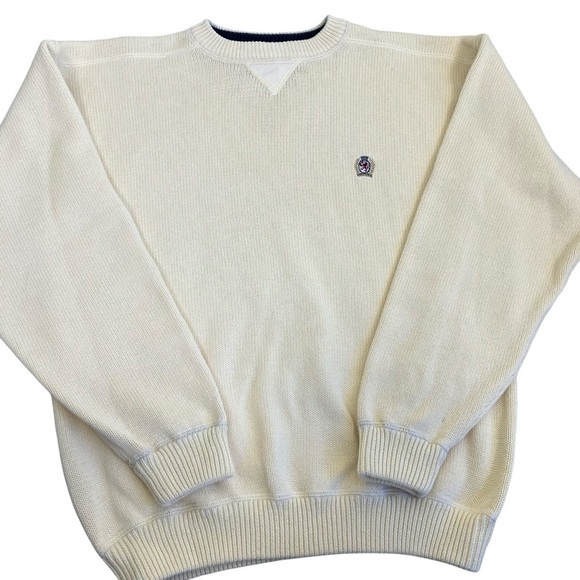 TOMMY HILFIGER Vintage 90s Butter Yellow Knit Crewneck Sweater Crest Cotton XL - Picture 5 of 16